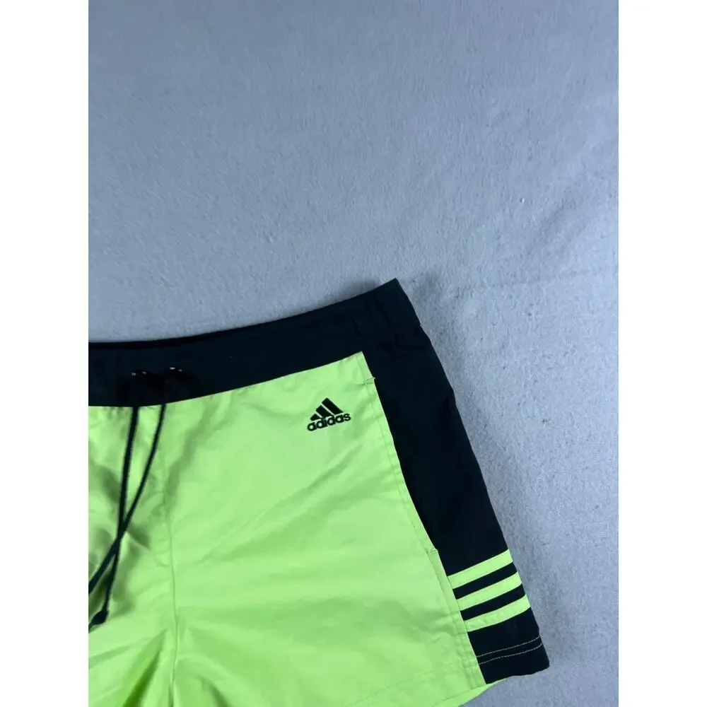 adidas Swim Trunks Mens S Neon Green Black 3 Stripe Athletic Board Shorts Beach